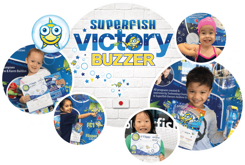 Victory-Buzzer Superfish students celebrating each milestone with certificates in front of the journey board